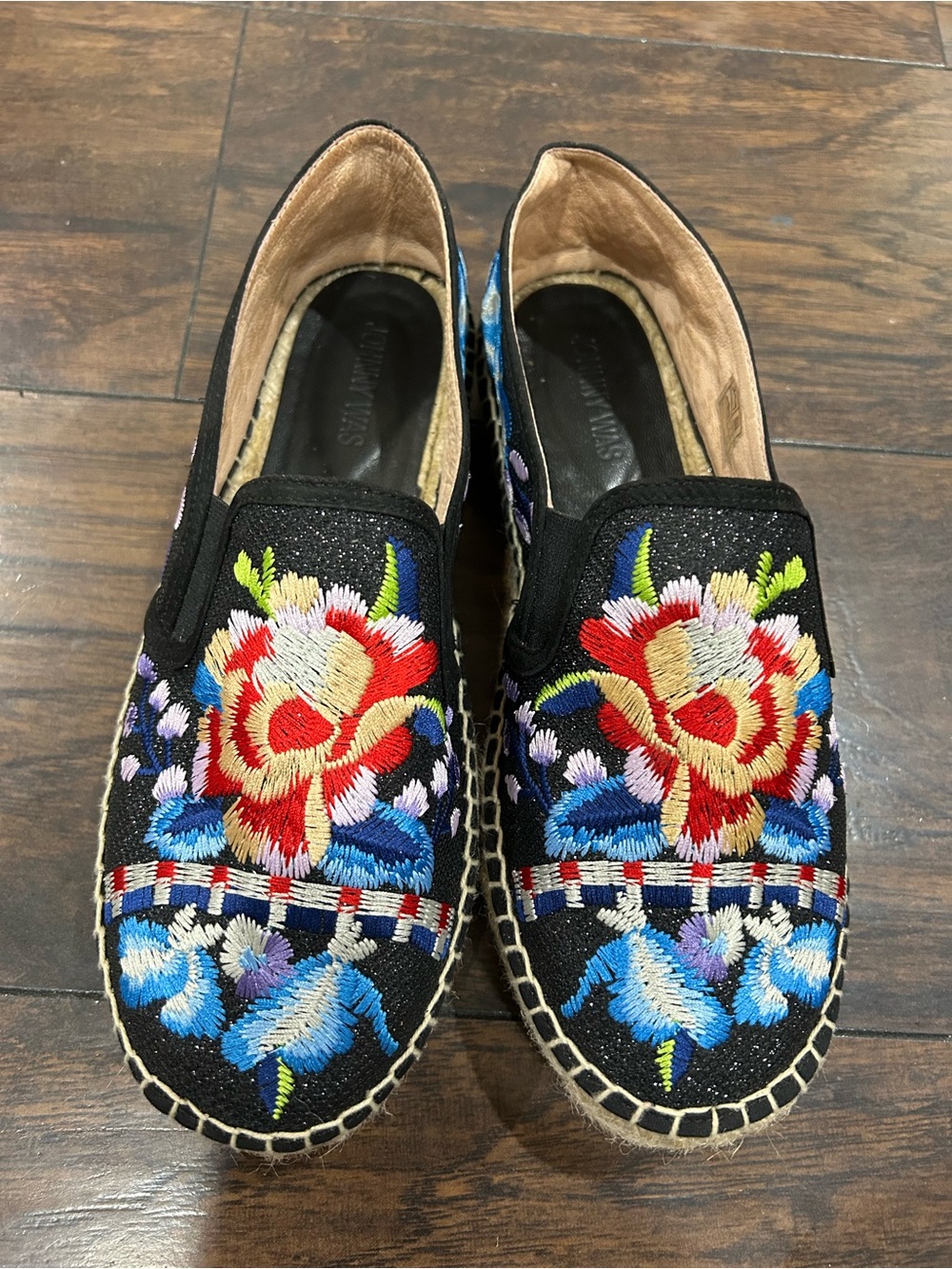 Johnny Was Black Slip-On Espadrilles with Multicolor Floral Embroidery
